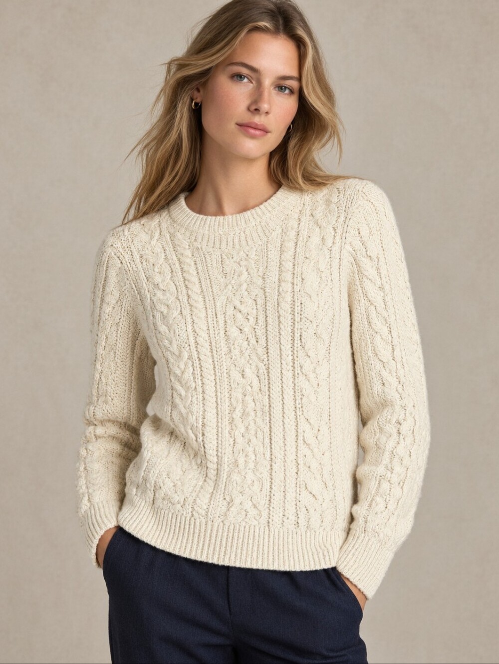 L.L. Bean Vintage 90s Y2K Wool Women's Cream Cable Knit Fisherman Aran Sweater S
